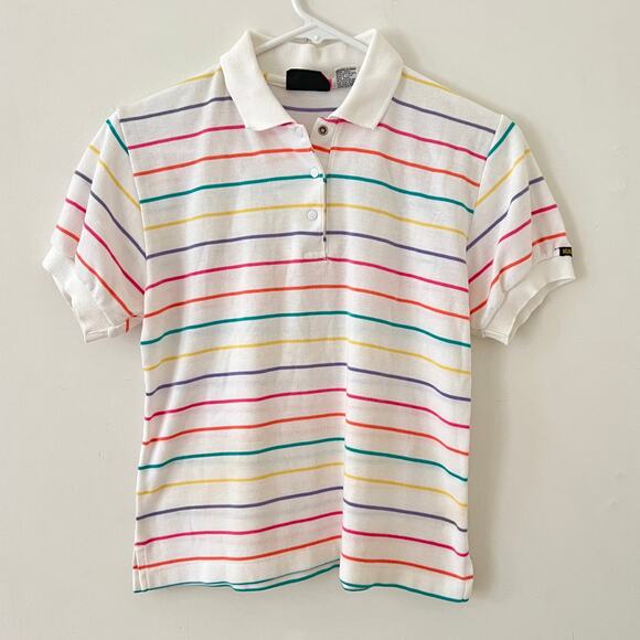 Vintage 80s White and Rainbow Striped Short Sleeve Polo by Nuggets - Picture 7 of 7